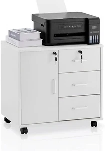 White Office Filing Cabinet Mobile Printer Stand File Storage Drawers Wheels - Picture 1 of 7