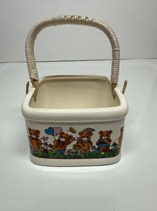 Ceramic Square Basket with Handle Bears Balloons Butterfly Springtime Japan Vtg - Picture 1 of 9