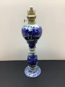 Antique RARE Victoria Ware Flow Blue Ironstone Oil Lamp No Shade REPAIRED - Picture 1 of 9