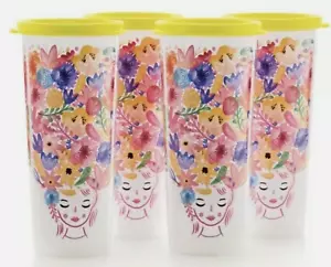 Tupperware 16-oz Iced Tea Tumblers White Floral Flower Fanciful Yellow Seals New - Picture 1 of 1