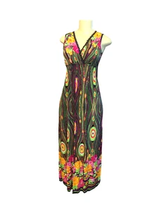 Size M black sleeveless Maxi dress with colorful abstract print V neck 52" Long - Picture 1 of 6