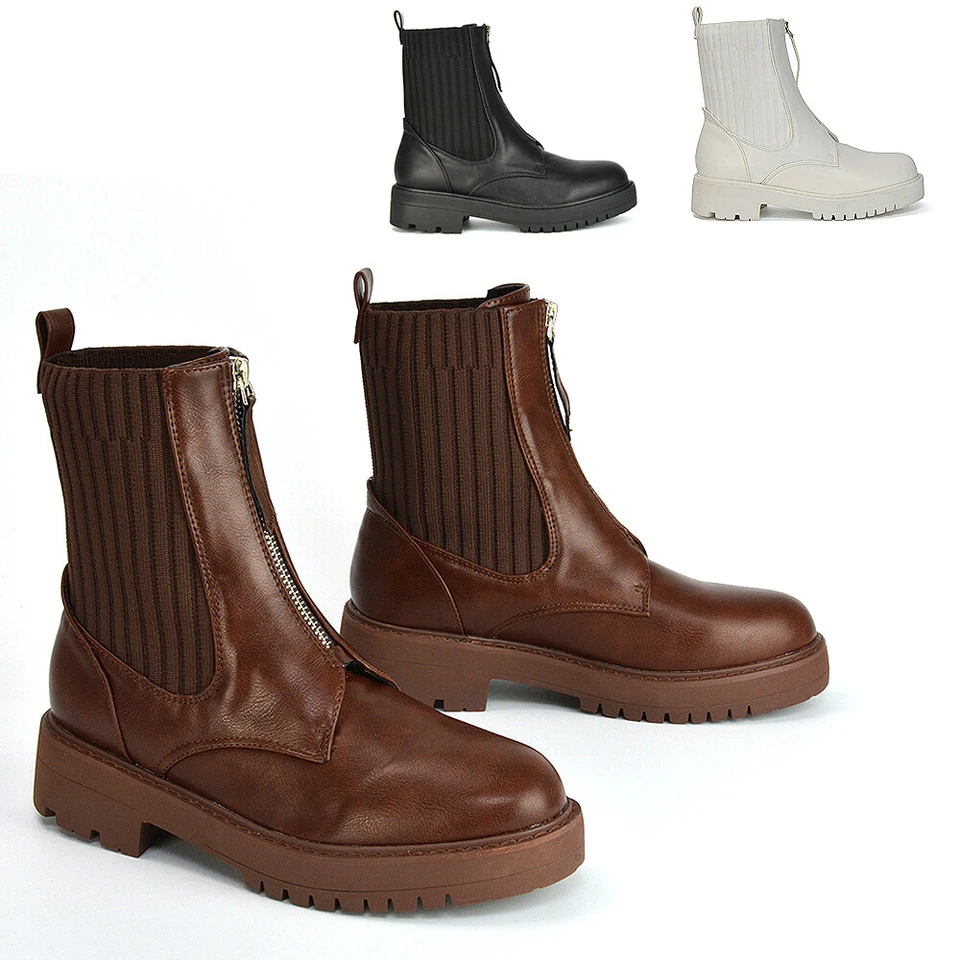 Botas de tornozelo femininas femininas robustas sola flexível com zíper meia de motociclista botas 3-8 - Imagem 1 de 1