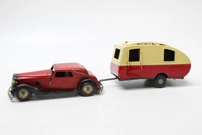 Tri-ang Minic Clockwork Tinplate '16M CARAVAN & RED VAUXHALL CABRIOLET' - Image 1 of 4