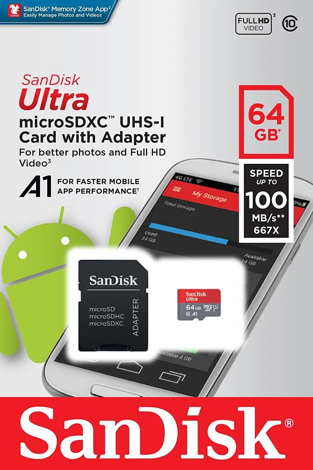 SanDisk 64GB microSDXC 100MB/s Ultra A1 64G micro SD SDXC Class 10 UHS-1 Card - Image 1 of 2