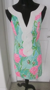 Lilly Pulitzer Aqua Pink White Lace Neckline Trim Open Back Zipper Dress 4 - Picture 1 of 9