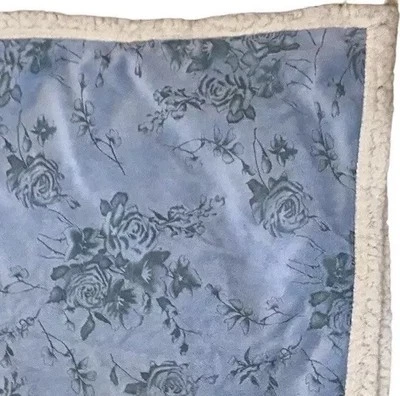 Laura Ashley Blue Baby Blanket Fleece Cream Roses Floral Throw Faux Sherpa - Image 1 of 4