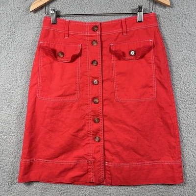J Crew Skirt Womens 2 Red Linen Cotton Button Front Utility Pockets Re-Imagined - Image 1 of 4