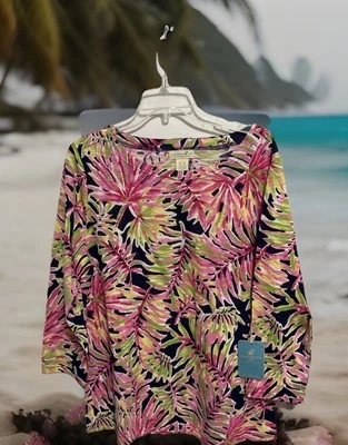Nuevo con etiquetas Blusa Túnica Caribbean Joe XL Rosa Amarillo Verde Hawaiano Tropical Hojas de Palma Foto 1 de 4