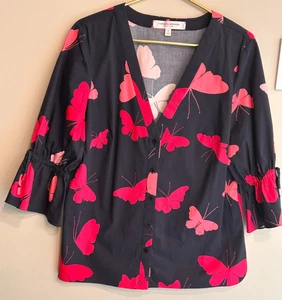 Carolina Herrera Schmetterling 3/4 Länge Rüschenärmel Button-Down-Shirt Gr. 16 Damen - Bild 1 von 10