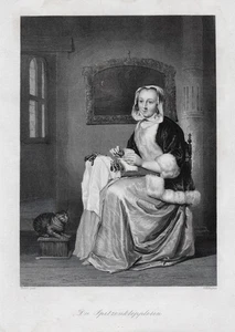 Die Spitzenklöpplerin. Originaler Stahlstich n. Metsu  um 1850 - Picture 1 of 2