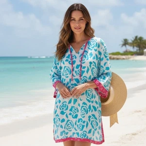 Abito copricostume da bagno donna NOMADIC TRADERS taglia L blu rosa floreale manica 3/4 - Foto 1 di 10