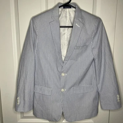 Izod Boys Size 16R Seersucker Blazer Blue White Striped 100% Cotton Lightweight - Image 1 of 4