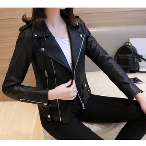 Slim Fit Jacket Faux Leather Jacket All-match Jacket Motorcycle Jacket - Picture 1 of 9