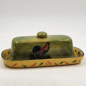 Hahn bedeckt Butterdose Deruta Stil handbemalt Keramik grün gelb 9" - Bild 1 von 16