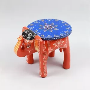 Orange Wooden Elephant Stool Blue Table Top Hand Painted Floral Art Decorative - Picture 1 of 5