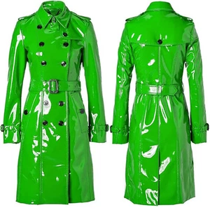 Women Trench Vinyl Shiny Gothic Long PVC Emo Top quality Faux Leather Green Coat - Picture 1 of 5