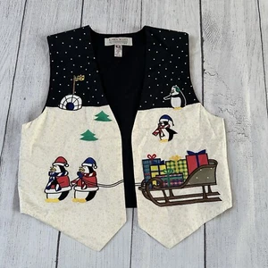 Vintage Karen Scott Vest Small black white Christmas Embroidered Penguin gifts - Picture 1 of 15