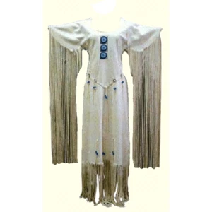 Mujeres Beige Cuero Flecos Largos Vestido de Boda Cuentas Powwow Regalia PWD279 - Imagen 1 de 5