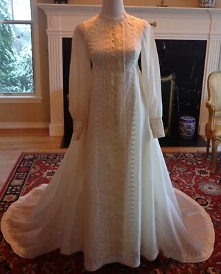 VTG William Cahill Organza Empire Wedding Gown Venetian Lace Cathedral Train XS - Image 1 of 4