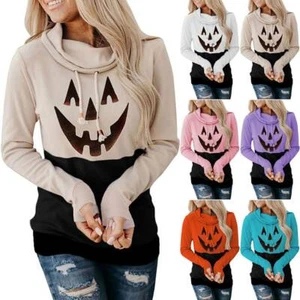 Felpa con cappuccio collo zucca Halloween donna manica lunga pullover maglione top - Foto 1 di 18