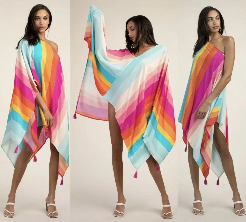Trina Turk Sunrise Rainbow Stripe 25th Anniversary Poncho Coverup Caftan OS