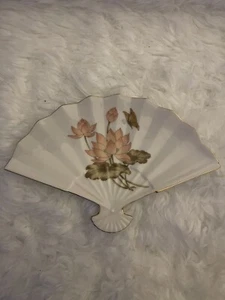 Vintage Japan Porcelain Fan Tray Trinket Plate Dish Lotus Flower with Butterfly - Picture 1 of 4