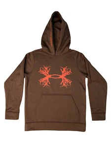 Under Armour Boys Sweatshirt Hoodie Deer Antler Small Loose Fit YSM Brown Orange - Picture 1 of 6