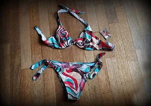 JOLIDON COSTUME BIKINI TRIANGOLO FERRETTO LACCI FANTASIA GEOMETRIE MULTICOLOR - Bild 1 von 1