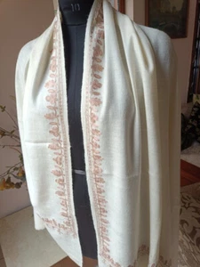 WHITE 100% WOOL HIMALYAN KULLU ARTISTIC PURE PASHMINA SHAWL ~ TRIBAL ART - Picture 1 of 6