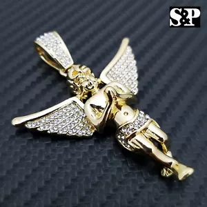 HIP HOP ICED RAPPER STYLE CUBIC ZIRCONIA GOLD PLATED BABY ANGEL CHARM PENDANT - Picture 1 of 4