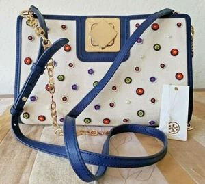 TORY BURCH MARGUERITE TURN-LOCK CLUTCH/SCHULTERTASCHE CANVAS NAVY/LEDER+STAUBTUCH  - Bild 1 von 9