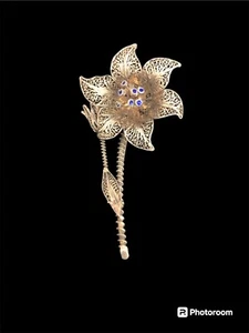 Vintage Filagree vergoldete Lilie 3"" Knopfleiste Revers Pin Brosche Sterling - Bild 1 von 7