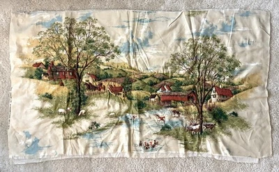 Vintage Raised Trapunto Quilted Textile Art - Countryside Farm Scene 24"x42" - Image 1 of 4