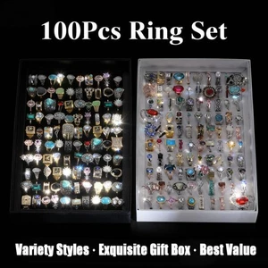100 Stck. Gemischtes Vintage Ringe Set für Frauen Männer Schmuck Weihnachten Geschenkbox Großhandel Posten - Bild 1 von 7