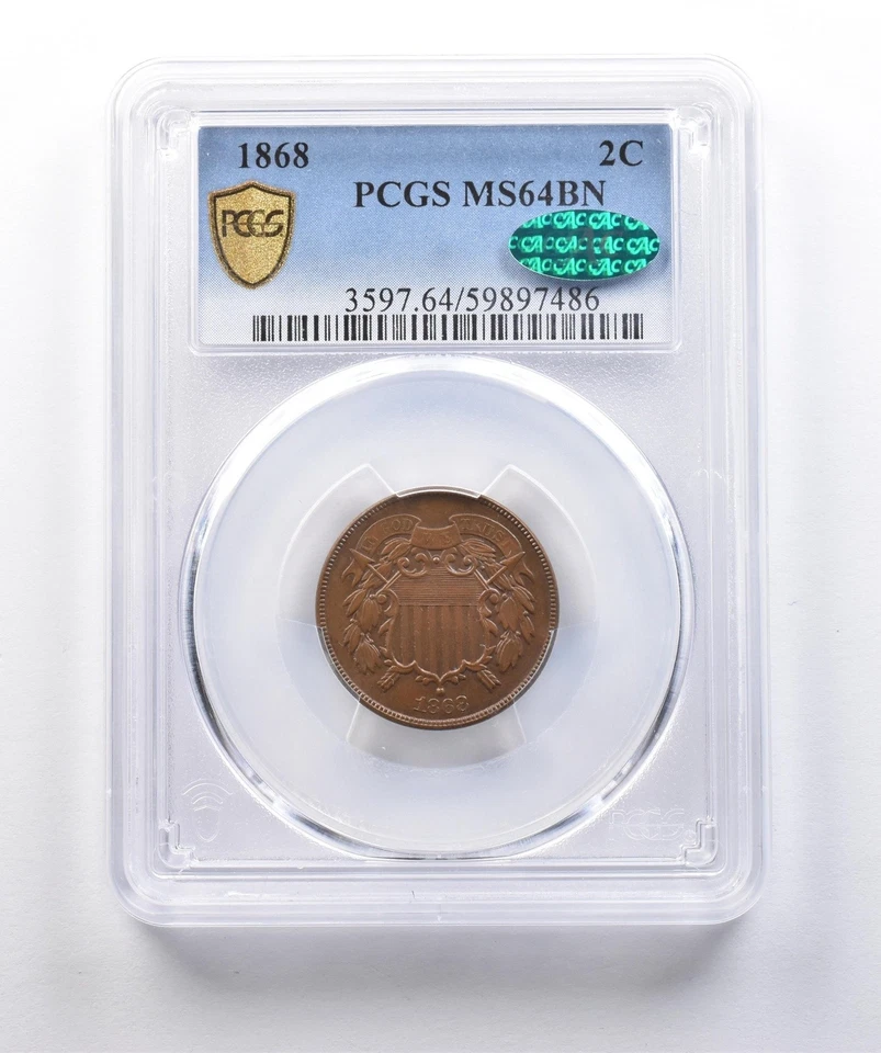 1868 Shield Two Cents MS64 BN PCGS CAC *3013 - Image 1 of 3