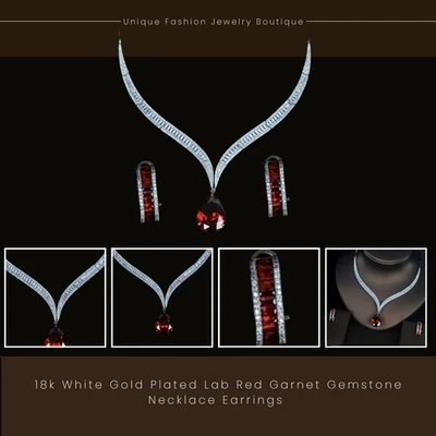 18k White Gold Plated Red Gemstone Necklace Earrings Gorgeous Jewelry Gift Set - Image 1 of 4