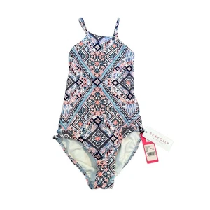 Seafolly Girls' Moonchild High Neck Tank One Piece Swimsuit Size 8 Blue Pink NWT - Picture 1 of 6