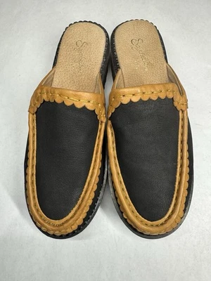 Mulas de plataforma de cuero Seychelles deslizables años 90 Y2K negro tostado talla 6,5 tacón grueso Foto 1 de 4