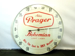 VTG OUTDOOR THERMOMETER SIGN ADVERTISING ATLAS PRAGER BOHEMIAN LAGER BEER WORKS - Picture 1 of 8