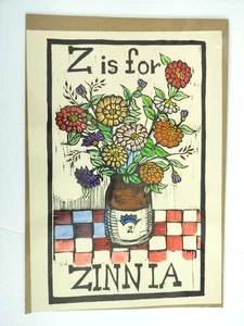 Mary Azarian Z steht für Zinnie Alphabet Holzschnitt handkolorierter Druck Vintage 12,5" x 18" - Bild 1 von 4