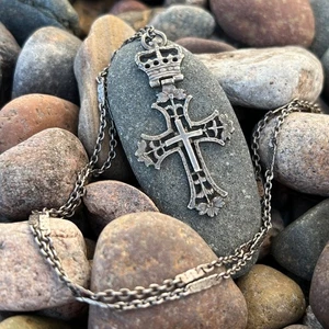 VTG Silver Crown Hinged Cross Pendant Sterling Chain Handmade Floral Christian - Picture 1 of 20