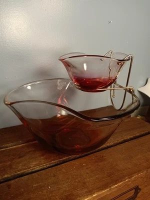 Vintage Indiana Glass Ruby Red Ombre Chip & Dip Bowl Set, Chrome Holder - Image 1 of 4