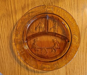 Vintage Amber Glass Child's Divided Plate Nursery Rhyme 8.5" Diameter Embossed - Picture 1 of 11