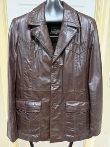 Men’s Vtg 60s 70s Brown Leather Car Coat W/ Fleece Liner US 44 - Picture 1 of 16