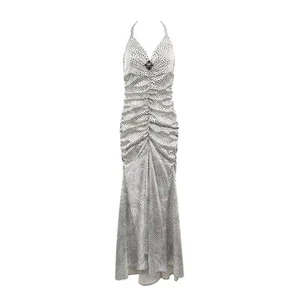 Maxi Vestido Jessica McClintock Vintage Lunares Acanalado Cuello Halter Alto Bajo Talla 4 - Imagen 1 de 8