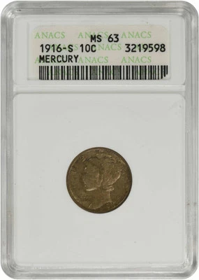 1916-S Mercury Silver Dime MS63 ANACS - Image 1 of 2