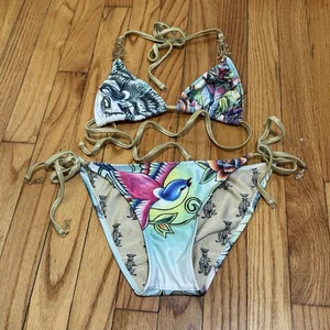 Christian Audigier Y2K String-Tangel-Bikini Strass Vogelmuster Größe Small - Bild 1 von 9