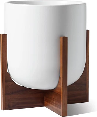 Macetas de 12 pulgadas para plantas con soporte de madera de acacia, macetas grandes de cerámica para indoo Foto 1 de 4