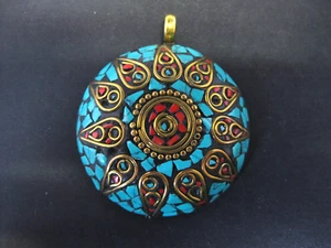 Vintage Hand Made Brass Original Coral Unique Turquoise Stone Pendant - Picture 1 of 7