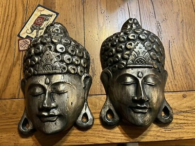 PAIR OF 1940'S BUDDHA HEAD FACE WOODEN HAND CARVED MASK SCULPTURE WALL ART BALI  - Image 1 of 4